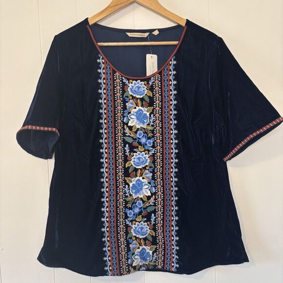 NEW Soft Surroundings Large Blue Velvet Floral Embroidered Boho Top Short Sleeve - Picture 3 of 12